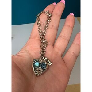 Silver Tone BFF Heart Locket‎ Charm Bracelet Blue Floral Rhinestone